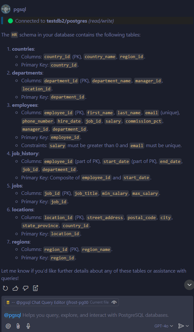 Captura de pantalla de la respuesta del chat de Copilot que muestra un desglose detallado de las tablas y columnas en el esquema de RR. HH. de una base de datos PostgreSQL.