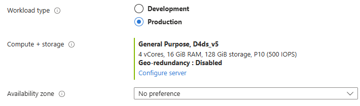 Captura de pantalla de Azure Portal en la que se muestra la sección Proceso y almacenamiento y una dirección URL de servidor accionable.