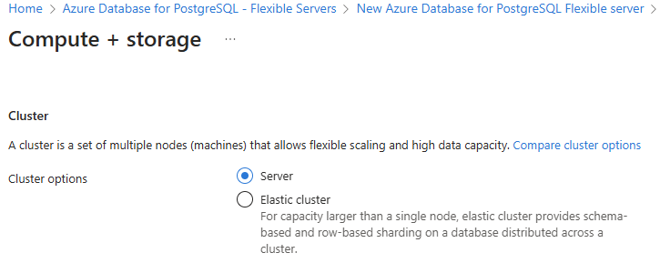 Recorte de pantalla de la sección superior de la página Configuración de proceso y almacenamiento. El servidor está seleccionado. Se borra el clúster elástico.
