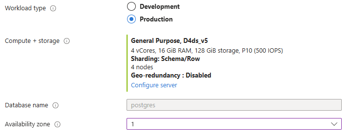 Recorte de pantalla de la página de configuración principal. La sección Proceso y almacenamiento tiene una nueva línea Sharding Schema/Row y una línea que indica cuatro nodos. El campo nombre de la base de datos está visible con el valor postgres atenuado.