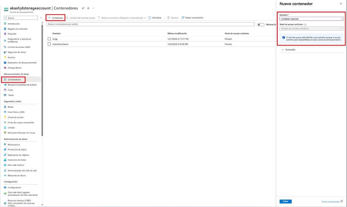Captura de pantalla que muestra cómo crear un contenedor en Azure Portal.