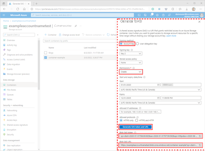 Captura de pantalla que muestra cómo generar una SAS para un contenedor en Azure Portal.