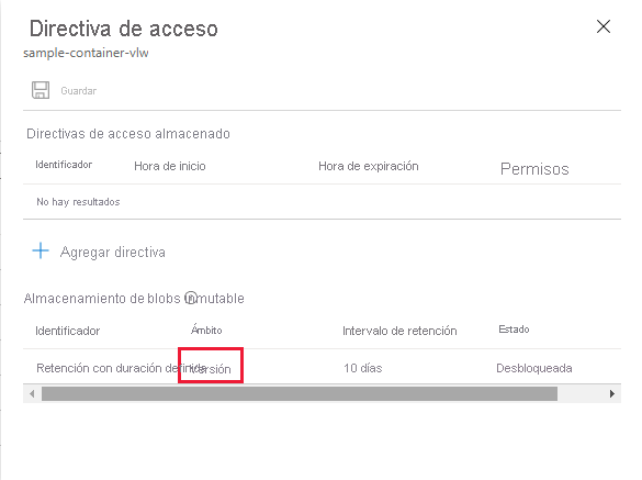 Recorte de pantalla que muestra la directiva de retención de nivel de versión predeterminada configurada para el contenedor