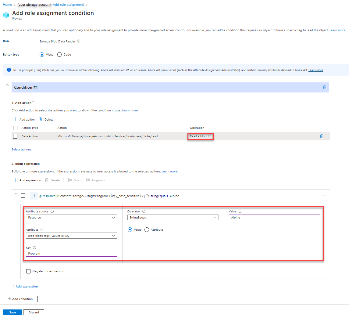 Recorte de pantalla del editor de la condición 1 en Azure Portal que muestra el acceso de lectura a blobs con una etiqueta de índice de blobs con una ruta de acceso.