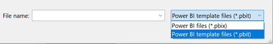 Captura de pantalla del tipo de archivos de plantilla de Power BI que aparece en el cuadro de diálogo Abrir