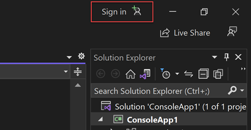 Captura de pantalla que muestra el botón de iniciar sesión en Azure mediante Visual&nbsp;Studio.