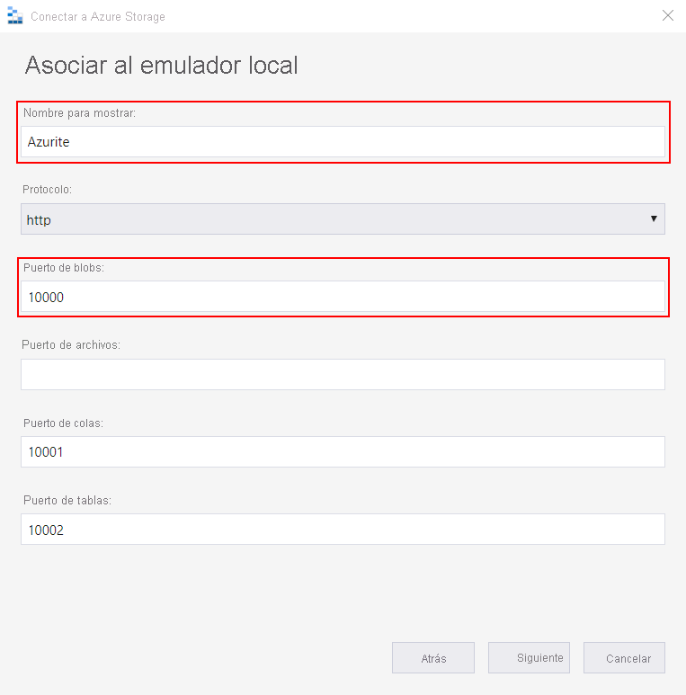 Captura de pantalla del Explorador de Azure Storage vinculándose a un emulador local.