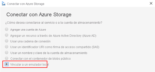 Captura de pantalla del Explorador de Azure Storage conectándose al origen de Azure Storage.