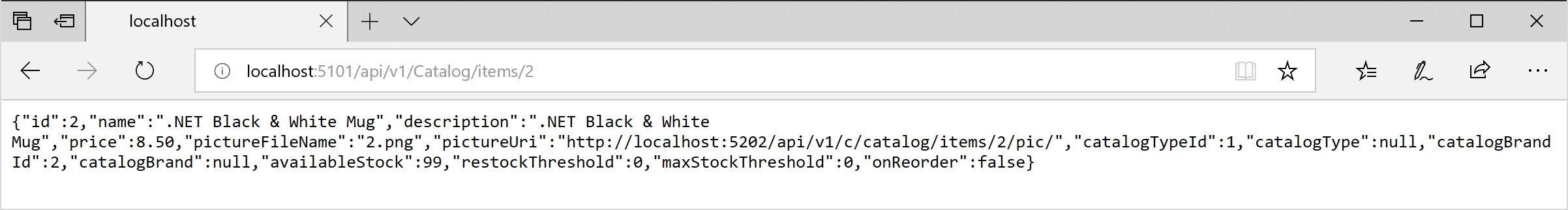 Captura de pantalla de un explorador que muestra una respuesta directa a Catalog.api.