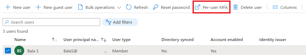 Captura de pantalla de la selección de la autenticación multifactor en la ventana Usuarios de Microsoft Entra ID.