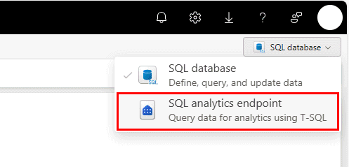 Captura de pantalla del portal de Fabric del selector de lista desplegable de base de datos SQL o punto de conexión de análisis SQL.