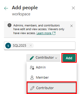 Captura de pantalla del cuadro de diálogo Agregar personas, donde se añade cada nodo al rol de Colaborador de Fabric.
