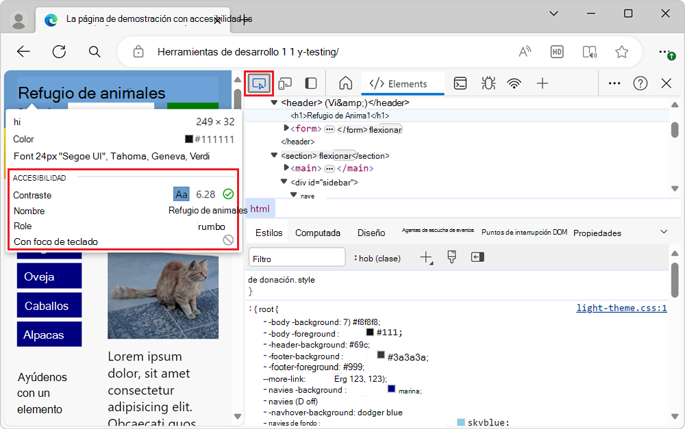 La herramienta Inspeccionar, que muestra el área del elemento como una superposición multicolor y muestra los detalles del elemento como una superposición de información grande.