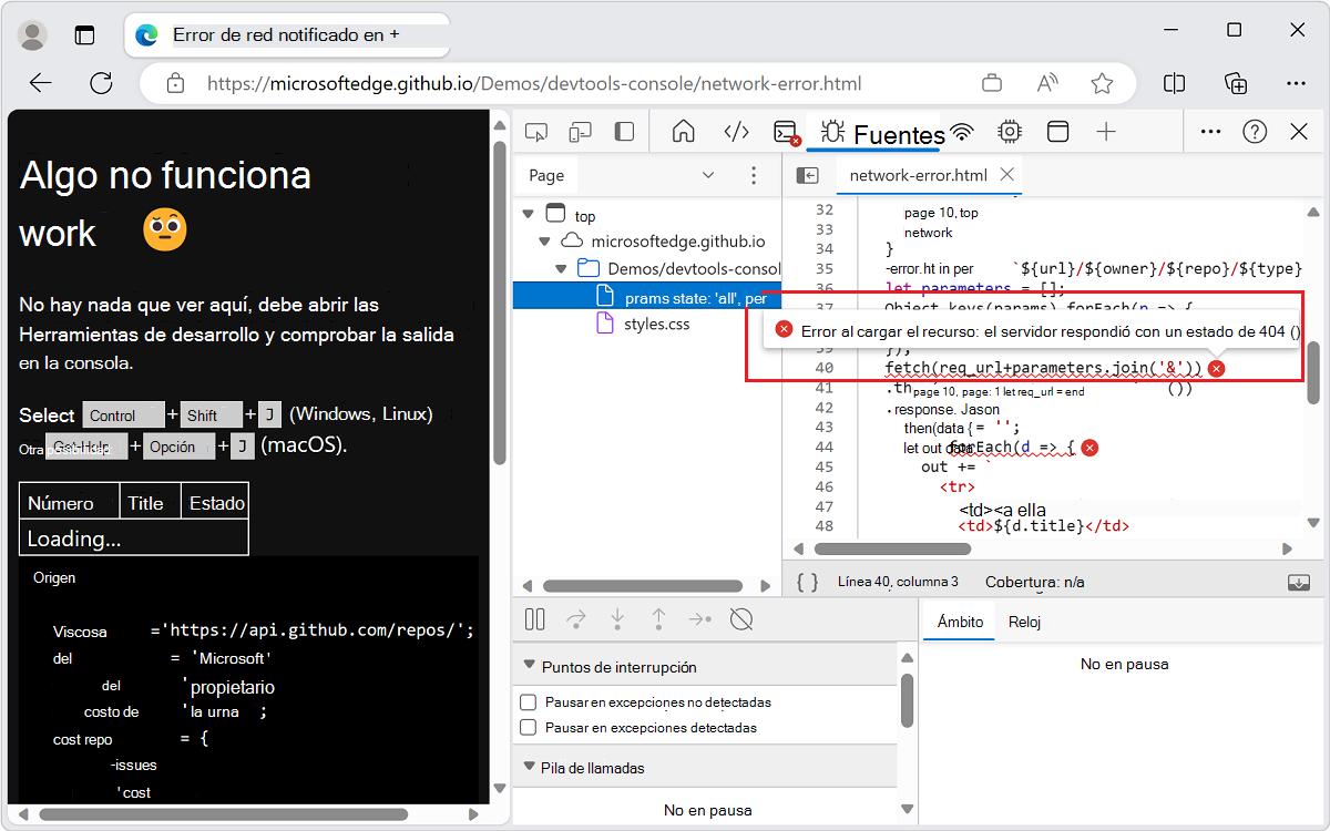 Para buscar el error en JavaScript, use la herramienta Orígenes.