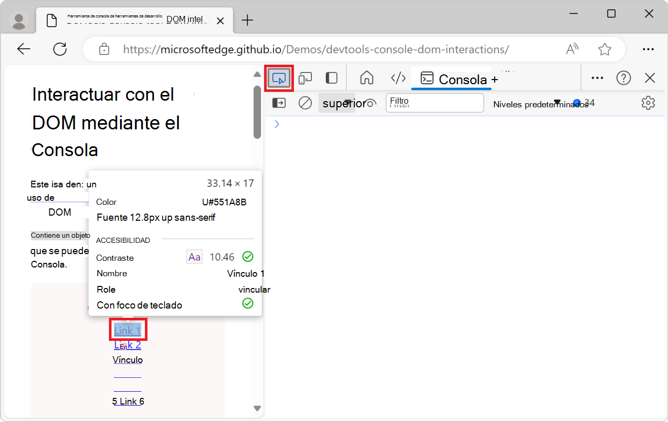 Al mantener el puntero sobre un vínculo cuando se usa la herramienta Inspeccionar, el vínculo se resalta