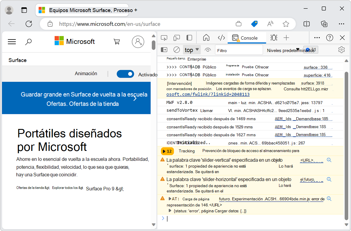DevTools con una consola llena de mensajes