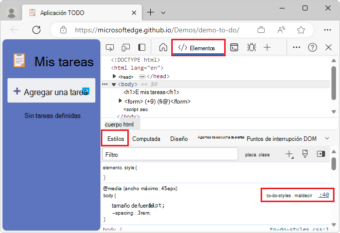 Selección de un archivo en el inspector de estilos