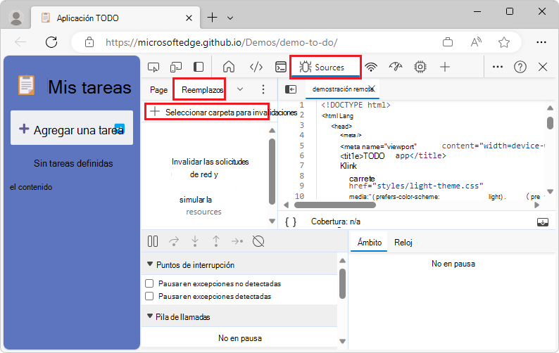 Selección de una carpeta que se va a usar para invalidaciones