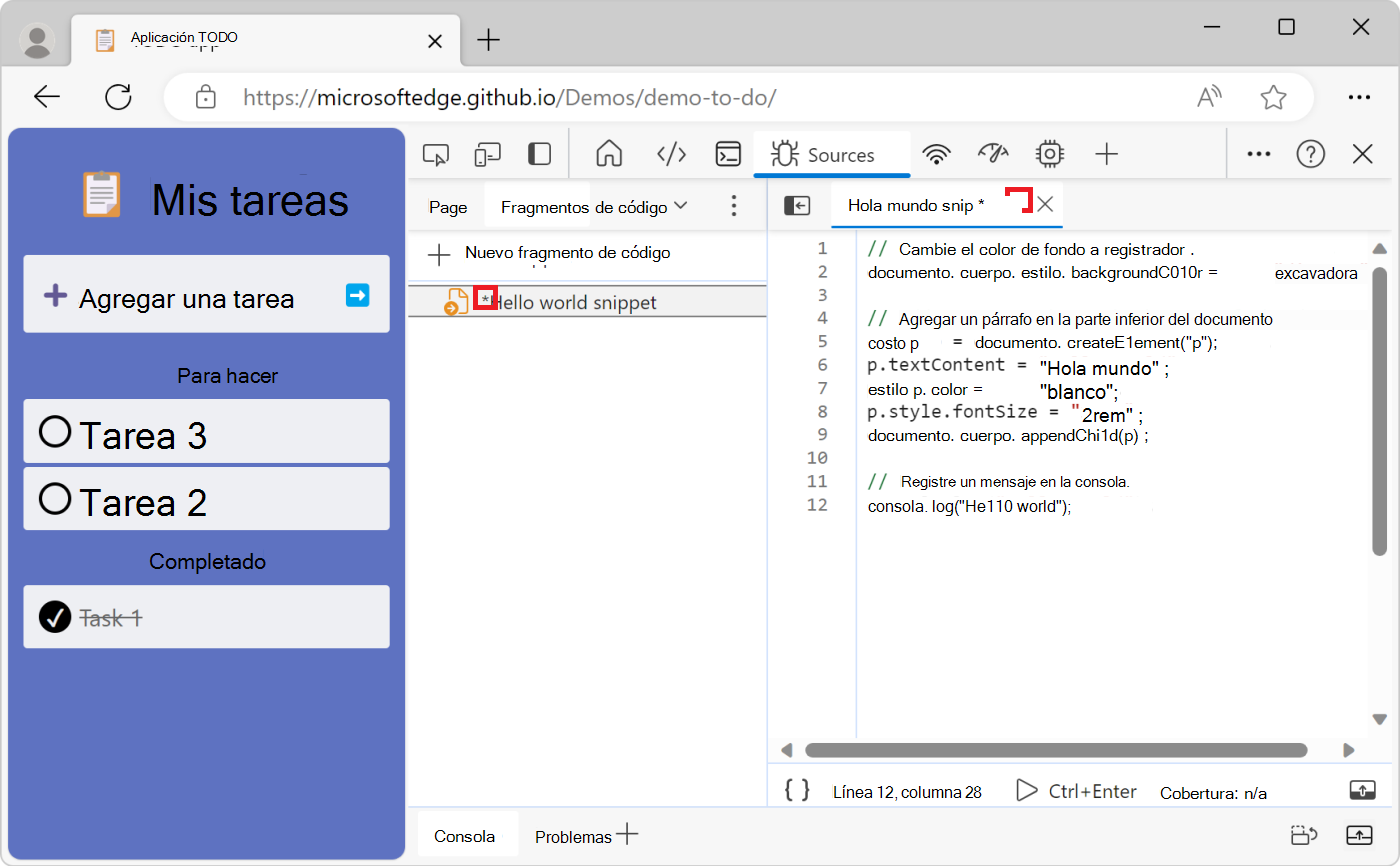 Un asterisco junto al nombre del fragmento de código indica código no guardado
