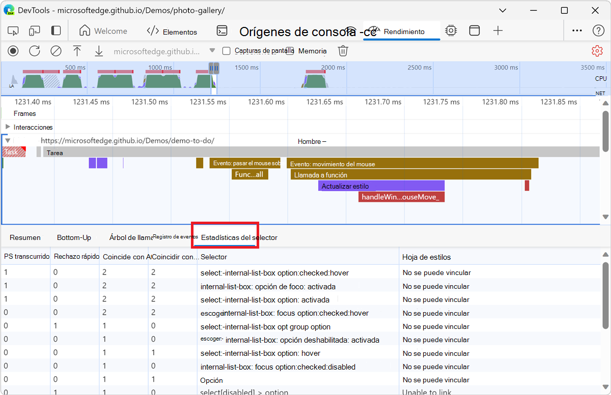Pestaña Estadísticas del selector