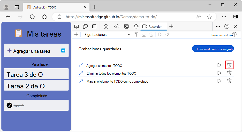 La lista de grabaciones y el botón 
