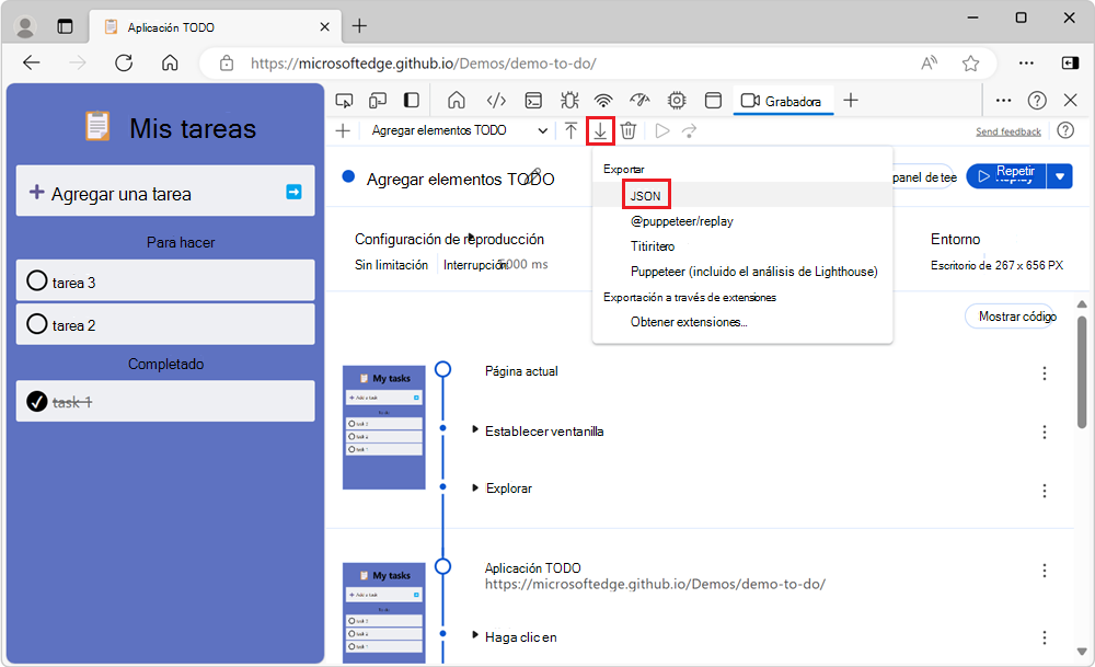 Menú desplegable del botón Exportar y la opción JSON