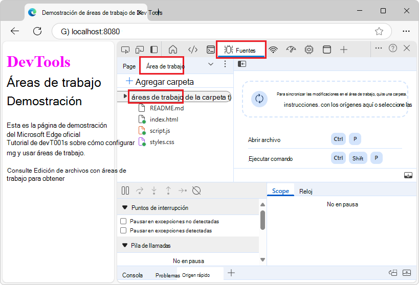 La pestaña Área de trabajo tiene un punto verde 