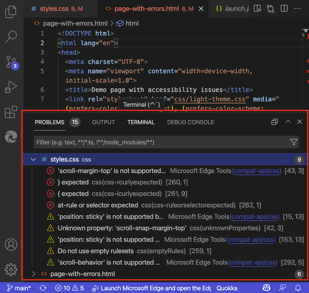 La pestaña Problemas del panel inferior de Visual Studio Code, donde se enumeran todos los problemas que se encuentran en los archivos del proyecto.