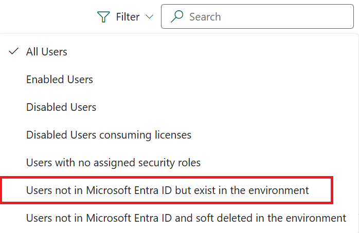 Seleccione Filtro en el menú superior para usuarios en Entra.
