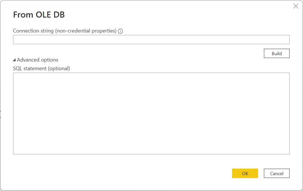 Captura de pantalla del cuadro de diálogo conector de O L E D B, en la que se muestran las opciones Cadena de conexión y Opciones avanzadas.