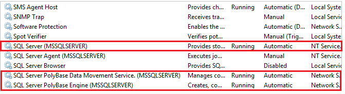 Captura de pantalla de los servicios de detener e iniciar PolyBase en services.msc.