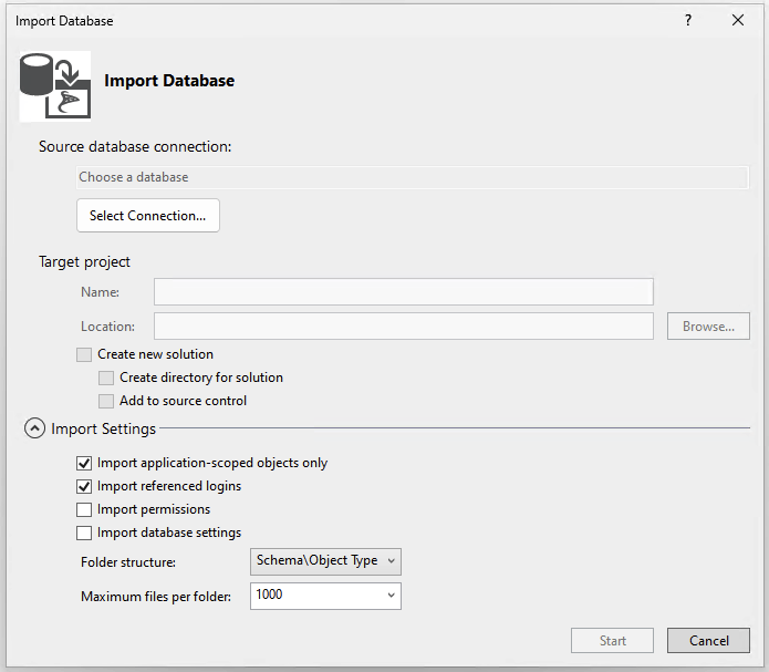 Captura de pantalla del cuadro de diálogo Importar base de datos en Visual Studio.