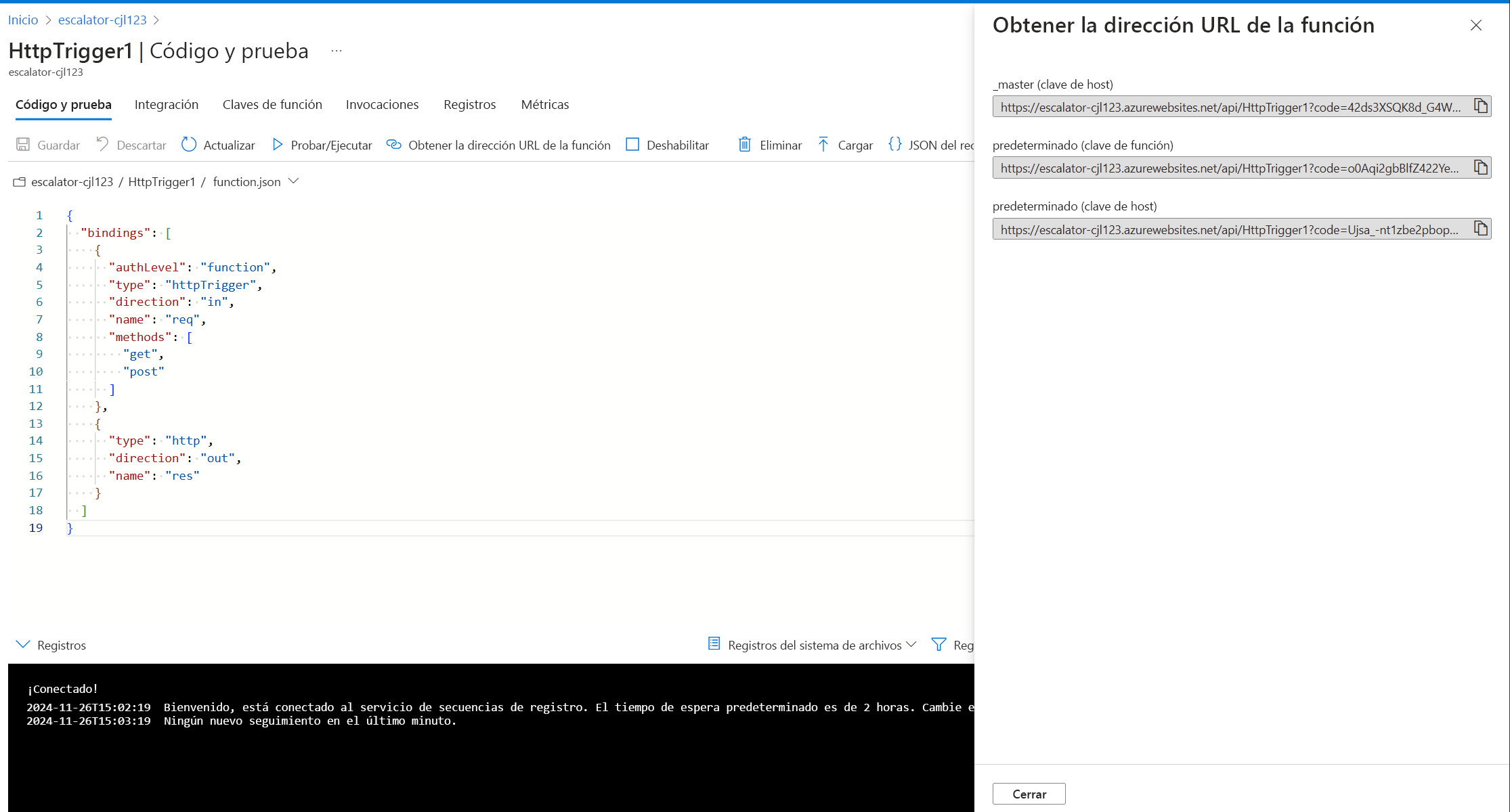 Captura de pantalla de Azure Portal que muestra el editor de funciones, con el botón Obtener dirección URL de la función resaltado.
