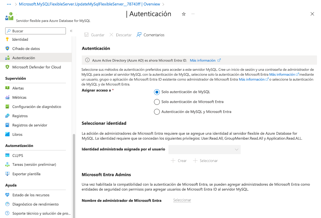 Captura de pantalla de la configuración de Microsoft Entra ID.