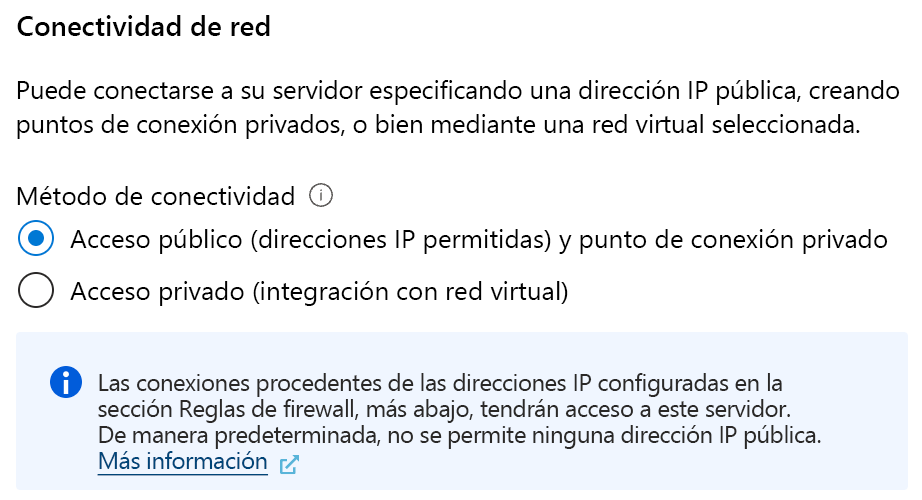 Recorte de pantalla de la opción de conectividad de red entre el acceso público y privado.