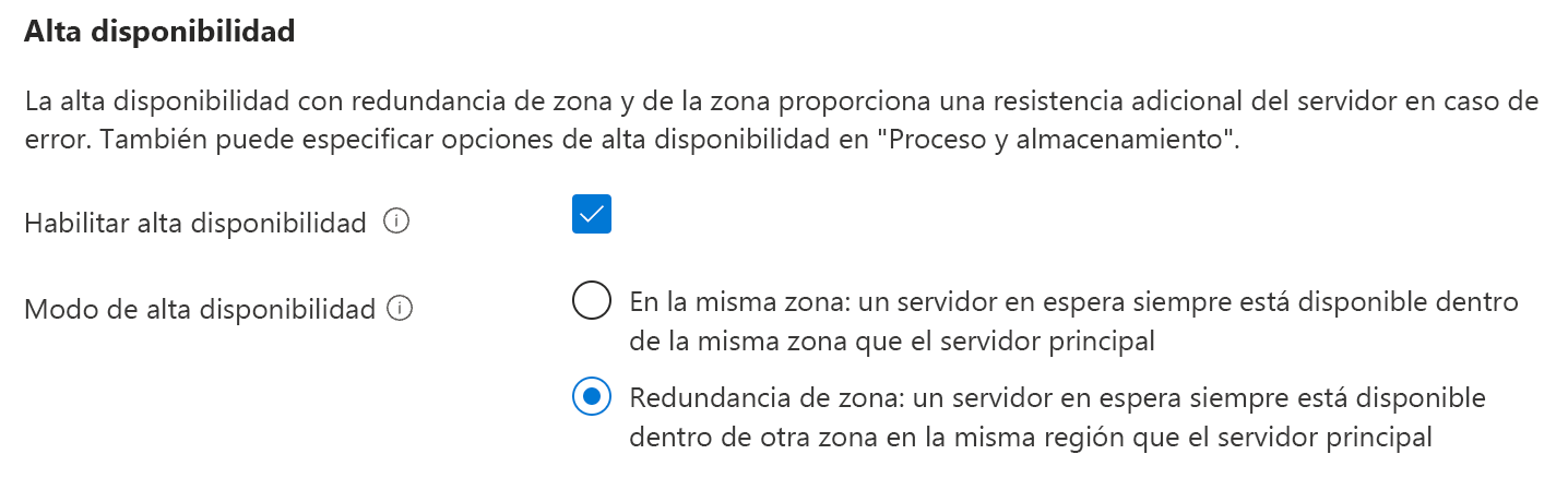 Recorte de pantalla de la creación de la base de datos que muestra la selección de alta disponibilidad con redundancia de zona.