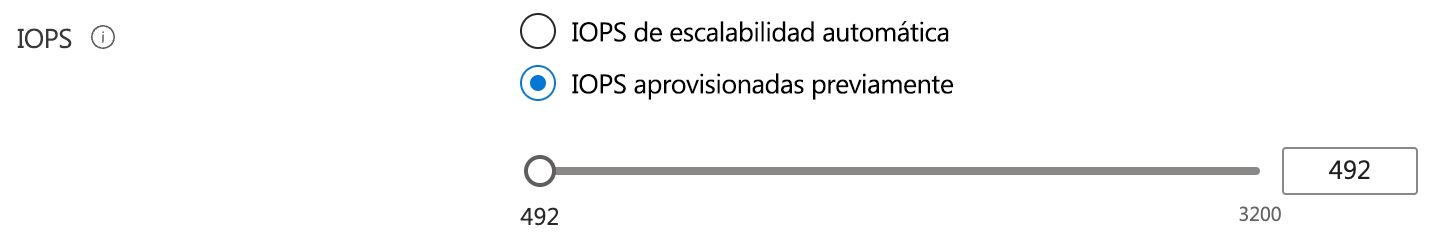Captura de pantalla del panel de configuración para agregar IOPS aprovisionadas previamente.