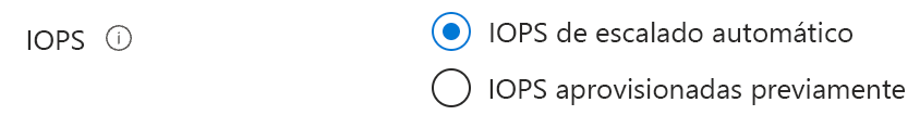 Captura de pantalla de las opciones de creación para escalar automáticamente IOPS.