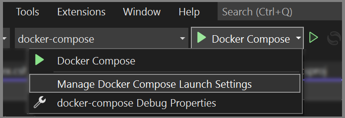 Captura de pantalla del elemento de menú Administrar la configuración de Compose de Depurar.