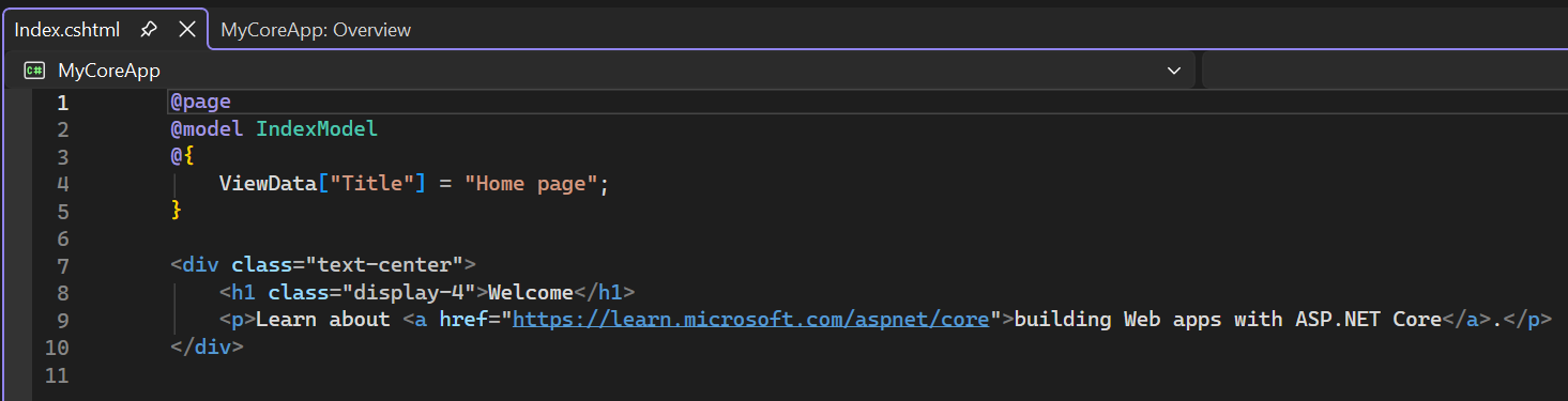 Captura de pantalla que muestra el archivo Index.cshtml abierto en el editor de Visual Studio Code.
