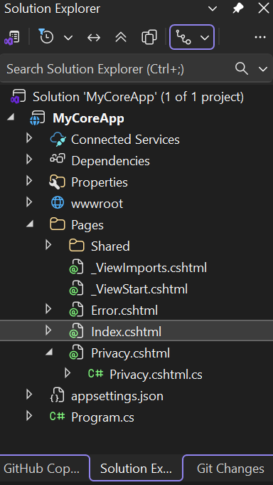 Captura de pantalla que muestra Index.cshtml seleccionado en el nodo Páginas del Explorador de soluciones.
