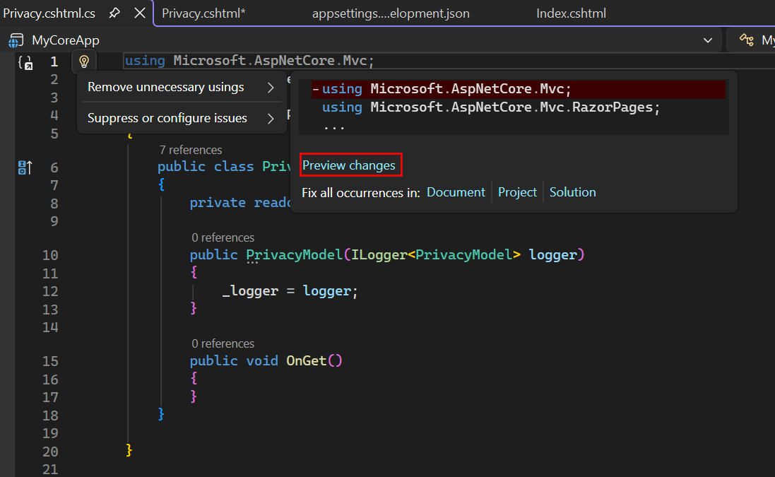 Captura de pantalla que muestra el archivo Privacy.cshtml en el editor de Visual Studio Code con el tooltip de Acciones rápidas abierto y la Vista previa de cambios resaltada.
