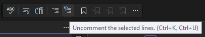 Captura de pantalla del botón Descomentar de la barra de herramientas del Editor de texto en Visual Studio.