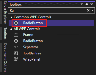 Captura de pantalla que muestra la ventana Cuadro de herramientas con el control RadioButton seleccionado en la lista de controles comunes de WPF.