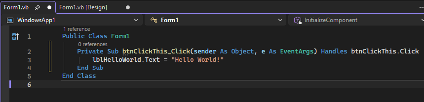 Captura de pantalla que muestra una clase en la pestaña Form1.vs, donde puede agregar código de Visual Basic.