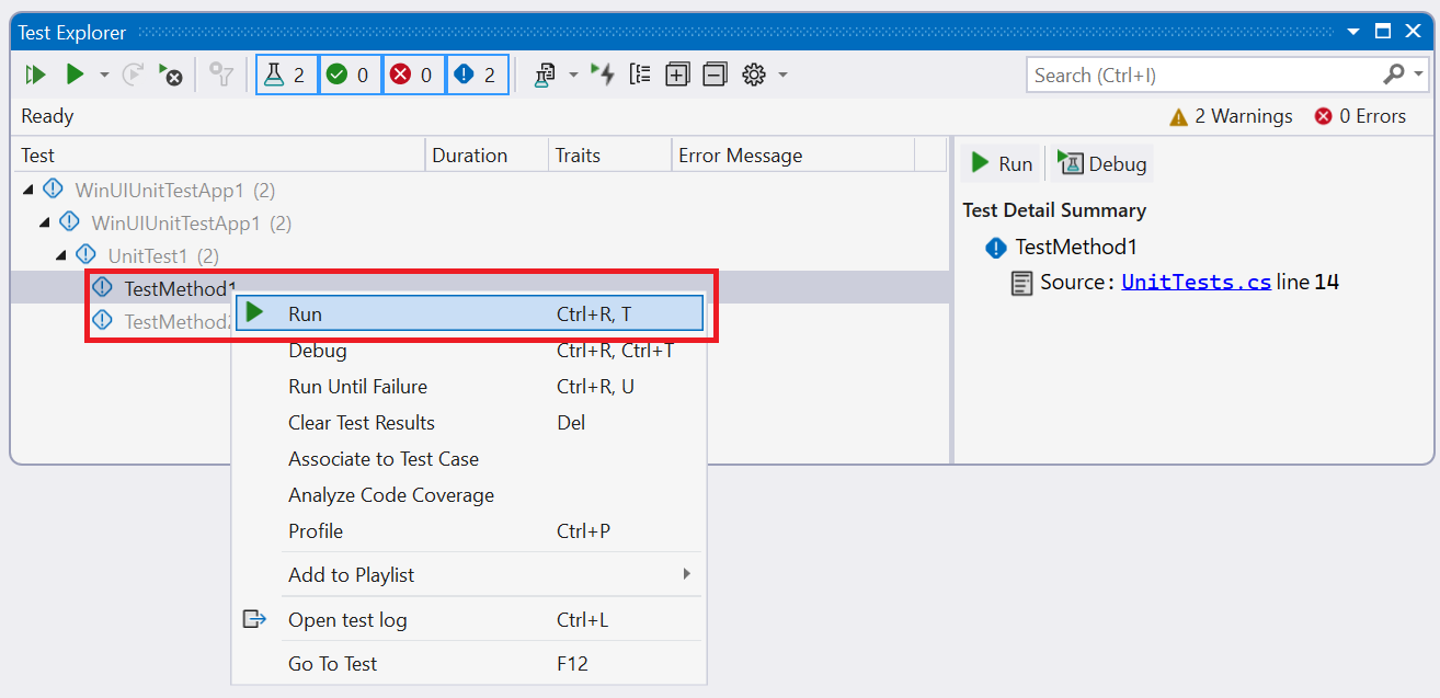Captura de pantalla de la ventana Explorador de pruebas en Visual Studio que muestra el menú contextual de prueba con el comando Ejecutar resaltado.