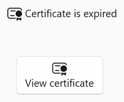 Un icono de certificado con el texto 'certificado ha expirado' y un botón con el icono de certificado y el texto 'ver certificado'