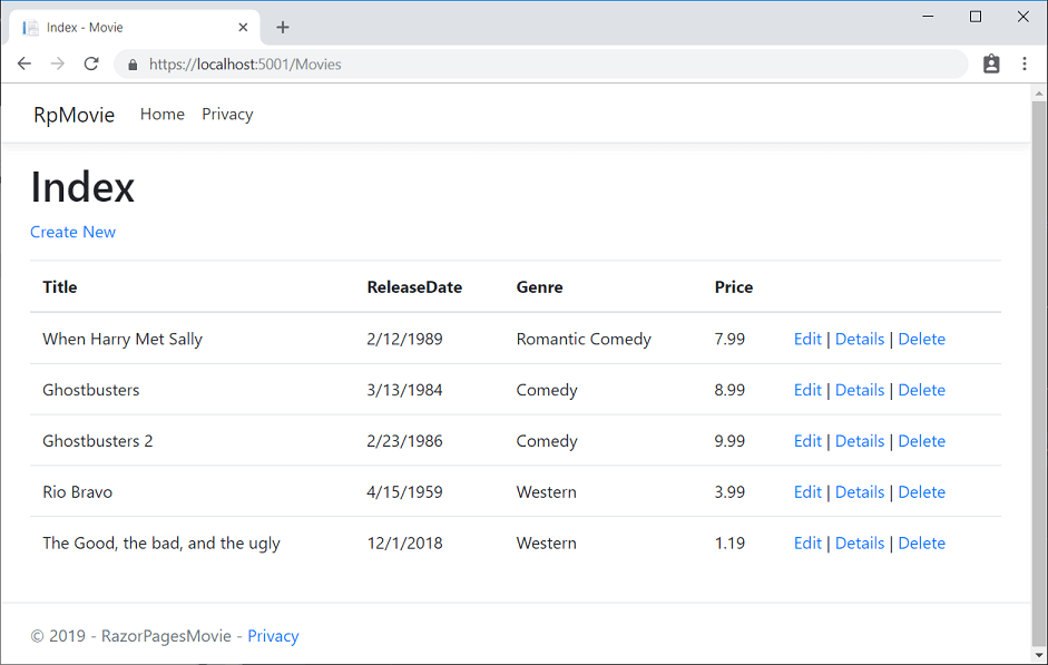 Filmtoepassing geopend in Chrome met filmgegevens