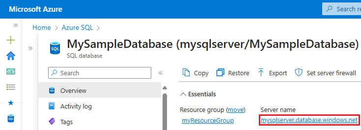 Schermopname van het openen van de server voor één database in Azure Portal.