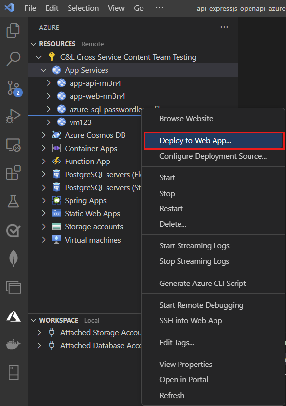 Schermopname van Visual Studio Code in Azure Explorer met deploy to Web App gemarkeerd.